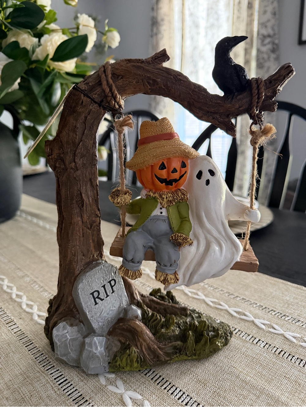 Halloween Pumpkin & Ghost Swing Figurine - Orange, White, Brown
